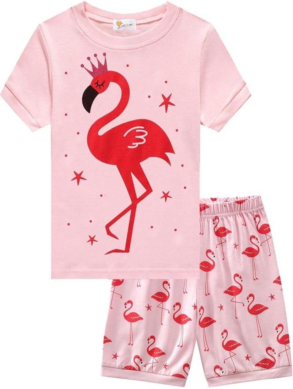 Girls Pink Flamingo Pajama Set Short Sleeve Cotton Size 3T